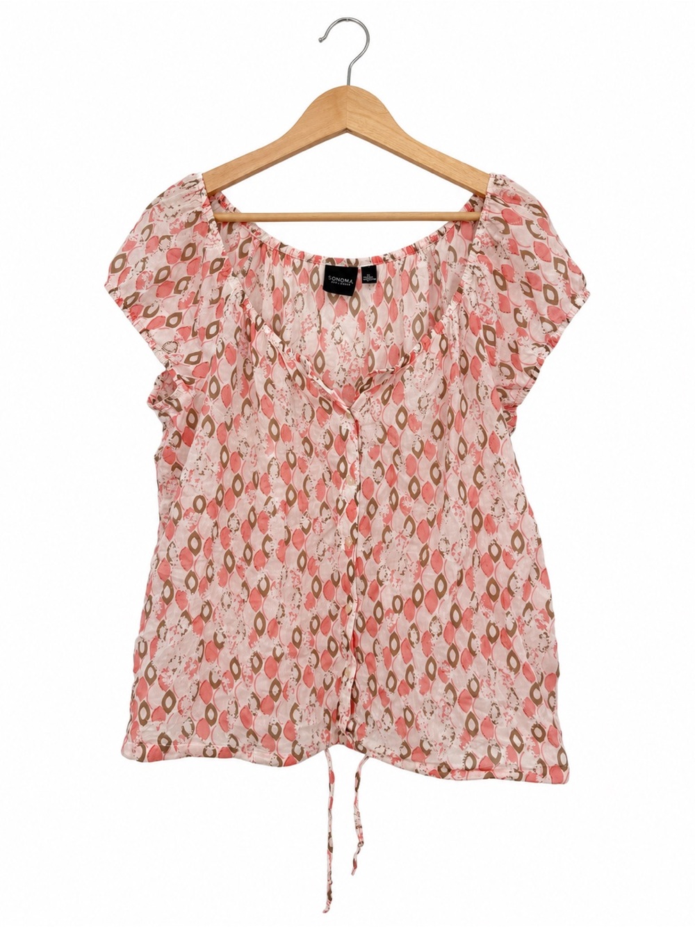 Sonoma Pink Brown Abstract Print Peasant Top Size Large Cotton Blouse